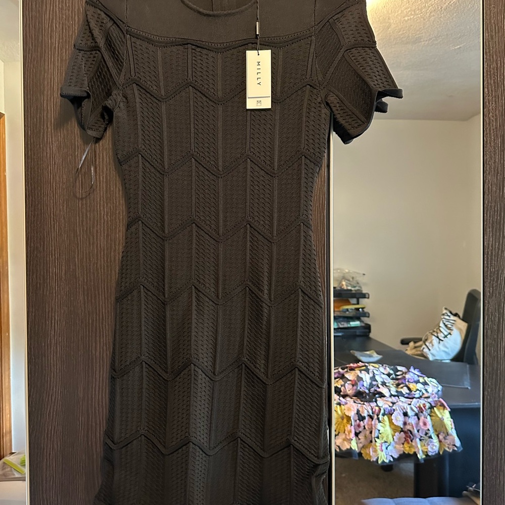 Black zig zag pointelle mini dress by Milly